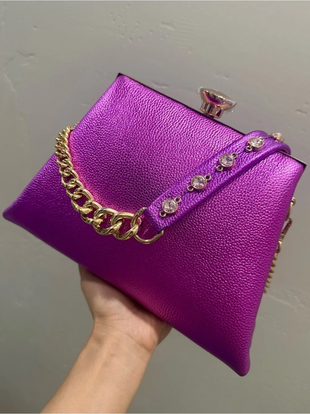 Metallic Purple Pebble Cowhide Handmade Push Lock Boxy Bag, Multi Use Style Bag
